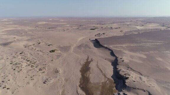 4K空中飞行俯瞰绿洲Sarusa春天在纳米布沙漠骨骼海岸纳米比亚