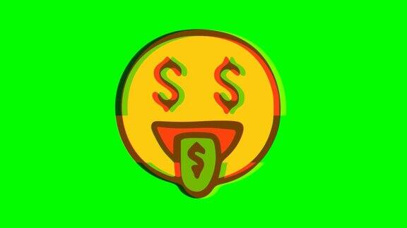 金钱嘴脸表情符号故障效果的绿色背景Emoji运动图形