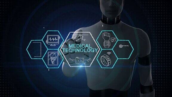 机器人、半机械人触摸“医疗技术”以及各种未来医疗技术图标六边形4k动画