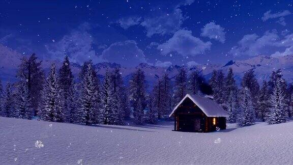 雪夜高山峻岭上孤零零的小木屋