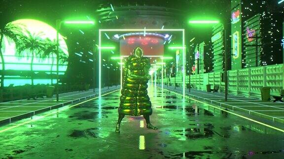 赛博朋克在落日的背景下跳舞夜晚的城市路绿色霓虹灯未来不明飞行物三维动画