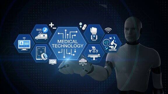 机器人半机械人触摸“医疗技术”图标和各种未来医疗矢量图标六边形4k动画
