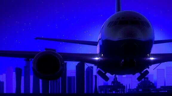 卡塔尔多哈一架飞机起飞开始了月亮之夜蓝色之旅
