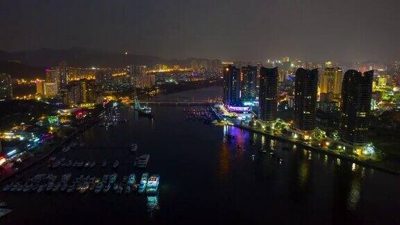 夜光照亮三亚河交通城市航拍全景时间跨度为4k中国