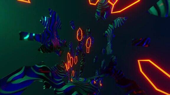 抽象的圆形隧道霓虹灯在黑暗中与斑马循环动画