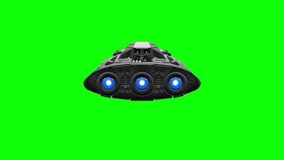 绿色屏幕的背景外星科幻飞船在太空飞行强大的引擎脉动和闪烁3d动画
