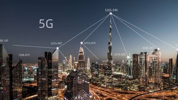 PAN迪拜城市和5G网络概念从白天到夜晚阿联酋