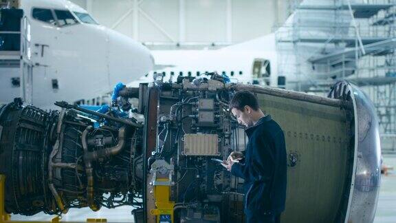 飞机维修机修工在机库中应用数字平板电脑对喷气发动机进行分析、检测和工作优化工作效率和安全的技术工作