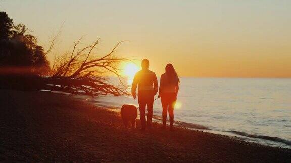 日落时分一对多民族夫妇带着一只狗在海边散步后视图