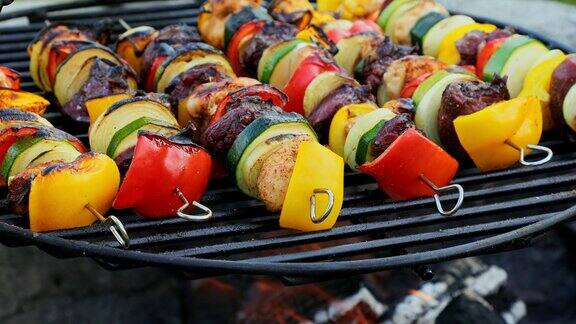 夏天自制美味的烤肉串配上肉和蔬菜