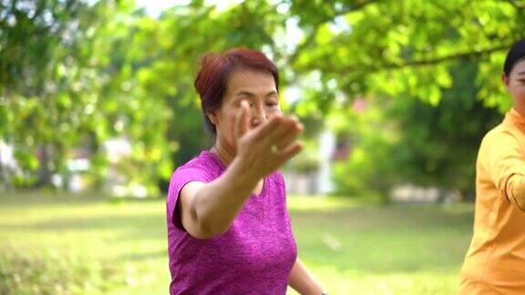 亚洲华人母亲女儿在公园练习太极