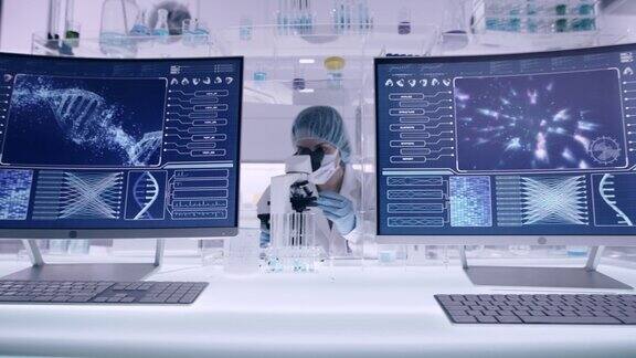 实验室设备屏幕上的脑电波和DNA研究