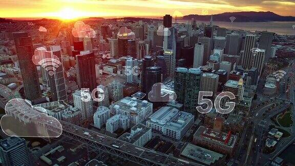 通过5G连接的空中城市无线网络、移动技术概念、数据通信、云计算、人工智能、物联网未来的城市旧金山