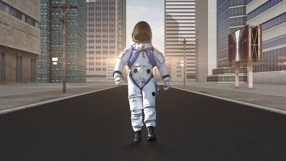 探索城市:宇航员走过空旷的街道