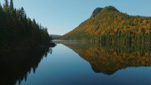 加拿大魁北克日出时秋天的北方森林自然
