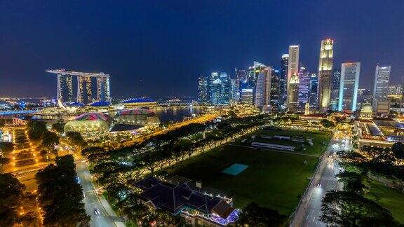 新加坡商务区城市高角度观夜时光流逝滨海湾新加坡4K时光流逝