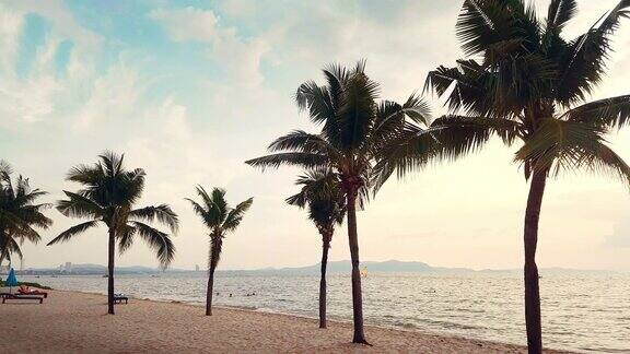 舒适的海滩和沙滩夕阳下金色的天空和椰子树