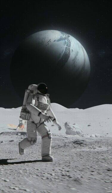 宇航员探索月球遥远的星球在天空中覆盖着岩石第一位登上月球的宇航员月球车和基站先进技术太空探索旅行殖民概念