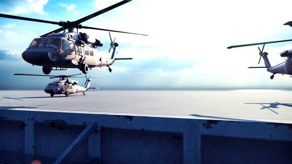 晴朗的一天在一望无际的蓝色大海上军用直升机“黑鹰”从航空母舰上起飞