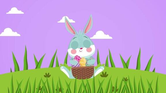 复活节快乐可爱的兔子和鸡蛋在篮子里