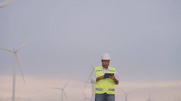 晚上一名男工程师站在风力涡轮机附近检查平板电脑