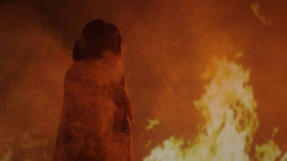 女孩被困在火中哭泣