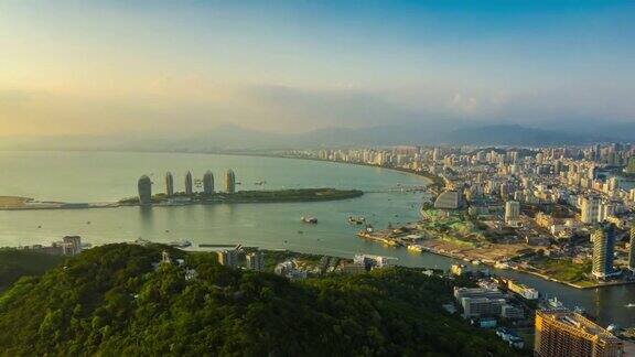 日落时间三亚城市风景岛屿航拍全景时间间隔4k中国