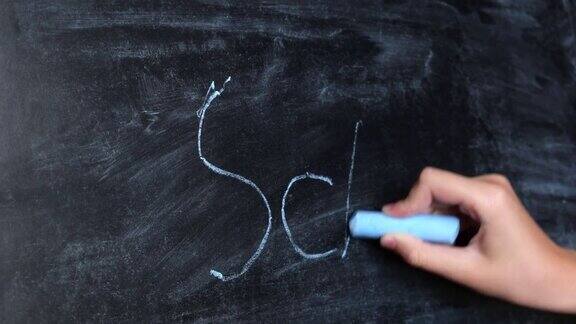 孩子在黑板上手写单词学校小学生手握粉笔在黑板上写字回到学校教育与小学概念后视图