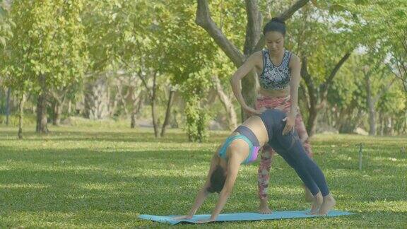 亚洲瑜伽教练教年轻的白人妇女在公园做瑜伽在夏天的一天