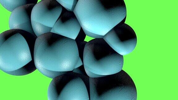 抽象的3D球形状动画旋转和飞行在绿色屏幕上