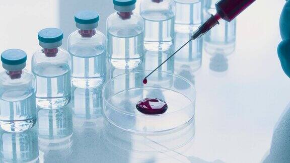 实验室生物武器的发展一个注射器将新鲜抽取的静脉血滴入皮氏培养皿的特写镜头以研究有毒物质的影响