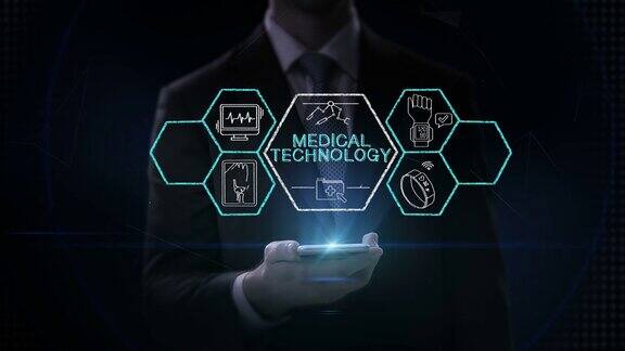 商人触摸智能手机“医疗技术”和各种未来医疗技术图标六边形4k动画