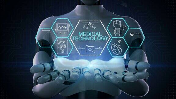 机器人、半机械人张开两只手掌“医疗技术”和各种未来医疗技术图标六边形4k动画