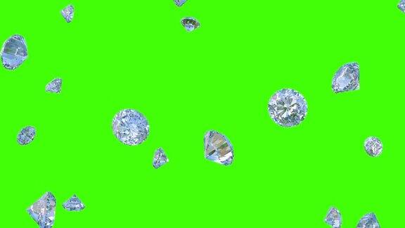 闪亮的钻石落在绿色的背景上4k的视频3d演示