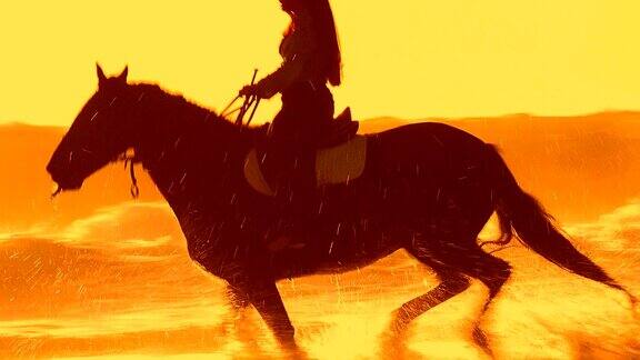 日落时在海滩上骑马
