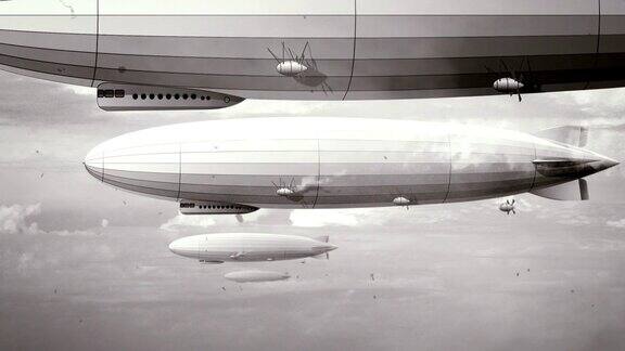 天空中传说中的巨大齐柏林飞艇黑白复古风格化老电影