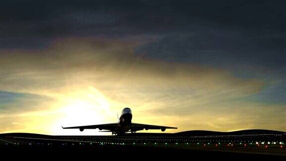 大飞机在美丽的夕阳下起飞