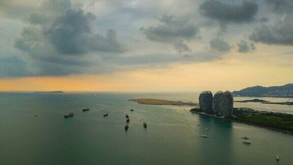 日落时间三亚湾著名岛屿航拍全景时间间隔4k中国