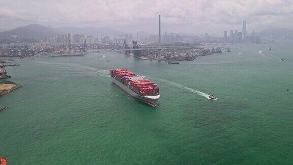 4K分辨率货柜货轮在商业港口码头香港商业物流和运输业国际水运