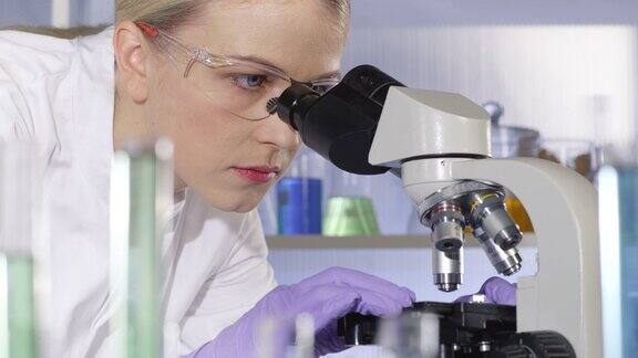 科学家、博士、学生在实验室使用显微镜