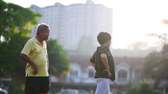 一对华裔老年夫妇在他们附近的公园里健身
