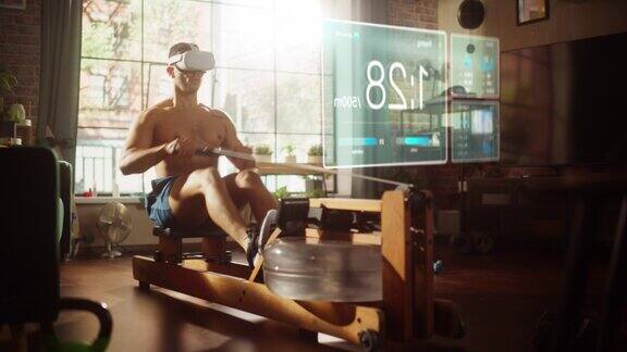 虚拟现实元宇宙未来家庭健身房:男子戴着虚拟现实头戴式耳机在排机上锻炼信息图显示卫生保健统计和图表运动员使用VR健身服务