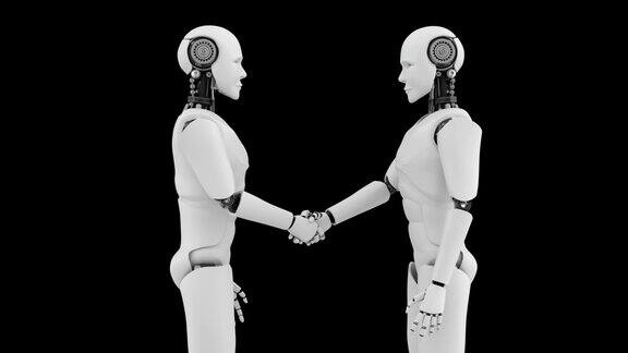 未来机器人握手黑色背景的人工智能CGI