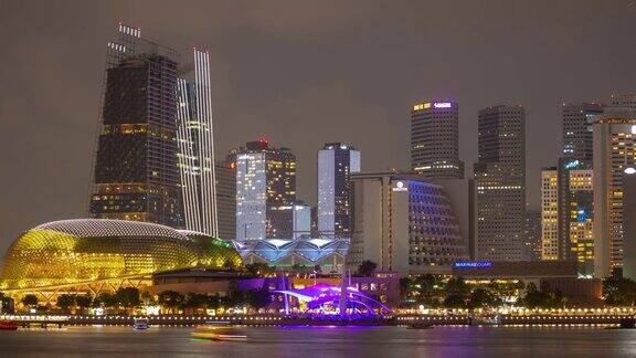 夜间照明新加坡城市著名剧院市中心海湾全景4k时间间隔