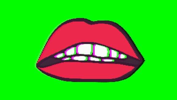 嘴或嘴唇与绿色背景上的故障效果Emoji运动图形