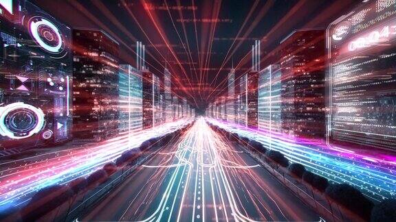由发光粒子组成的红色隧道的数字城市