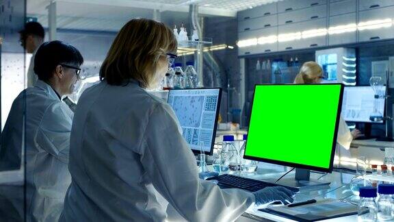 女性和男性科学家在他们的电脑上工作(模拟绿色屏幕)在现代实验室各种架子与烧杯化学品和不同的技术设备可见