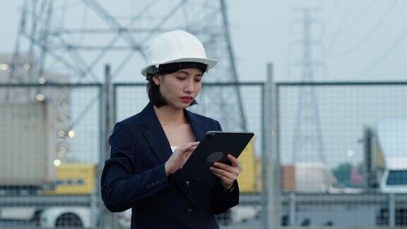 女电气工程师在户外用数字平板电脑分析电站建设