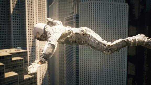 宇航员飞越摩天大楼宇航员从太空落到地球上返航:宇航员从旅途中返回的飞行这部动画非常适合太空和科幻背景