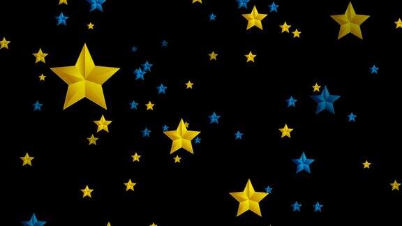 蓝色和金色的星星在黑色背景的视频动画
